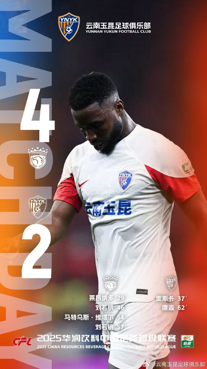 中超联赛第24轮，客场作战的云南玉昆最终以2比4不敌对手